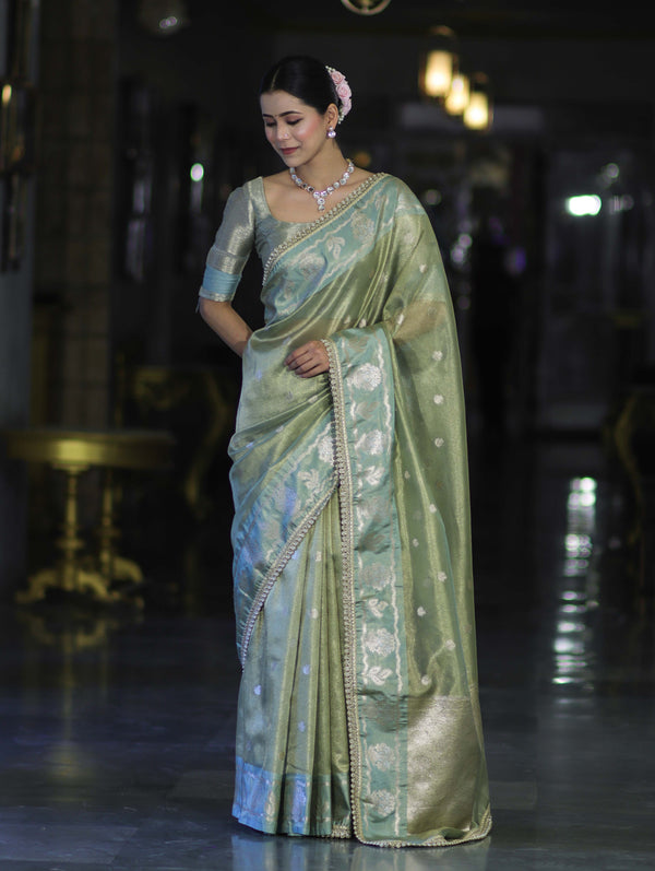 Banarasee Handloom Tissue Saree With Buti Design Contrast Border & Lace-Light Green