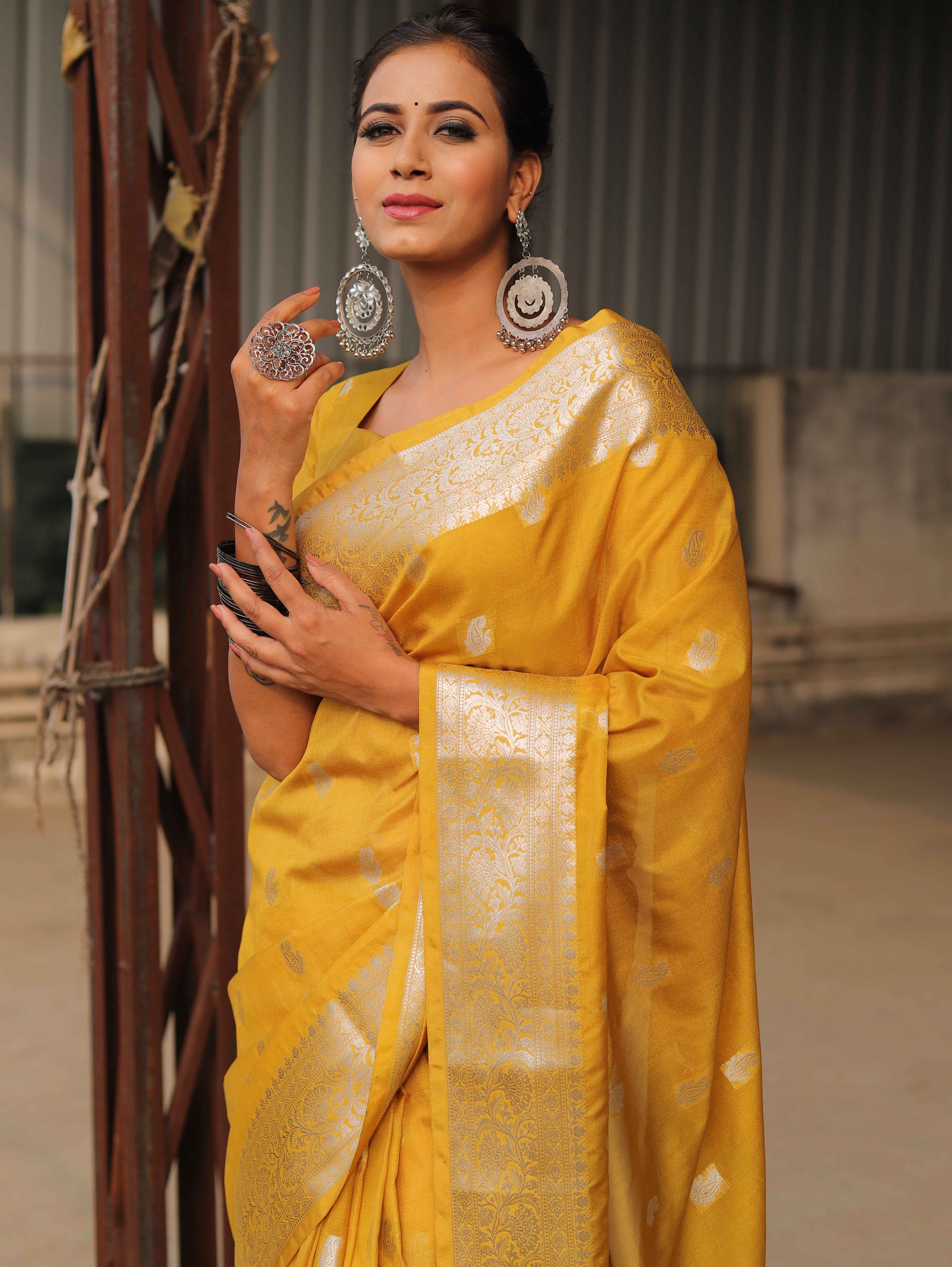 Banarasee Handwoven Semi-Chiffon Saree With Silver Zari Work-Yellow