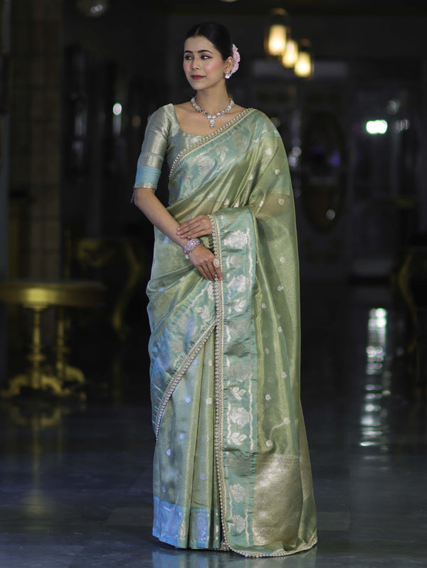 Banarasee Handloom Tissue Saree With Buti Design Contrast Border & Lace-Light Green