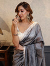 Banarasee Handwoven Crushed Tissue Saree With Buti Design & Lace-Grey