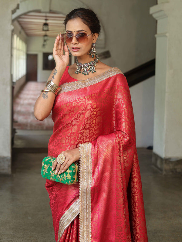 Banarasee Handwoven Semi Silk Saree With Zari Jaal Design Contrast Border & Lace-Maroon & Pink
