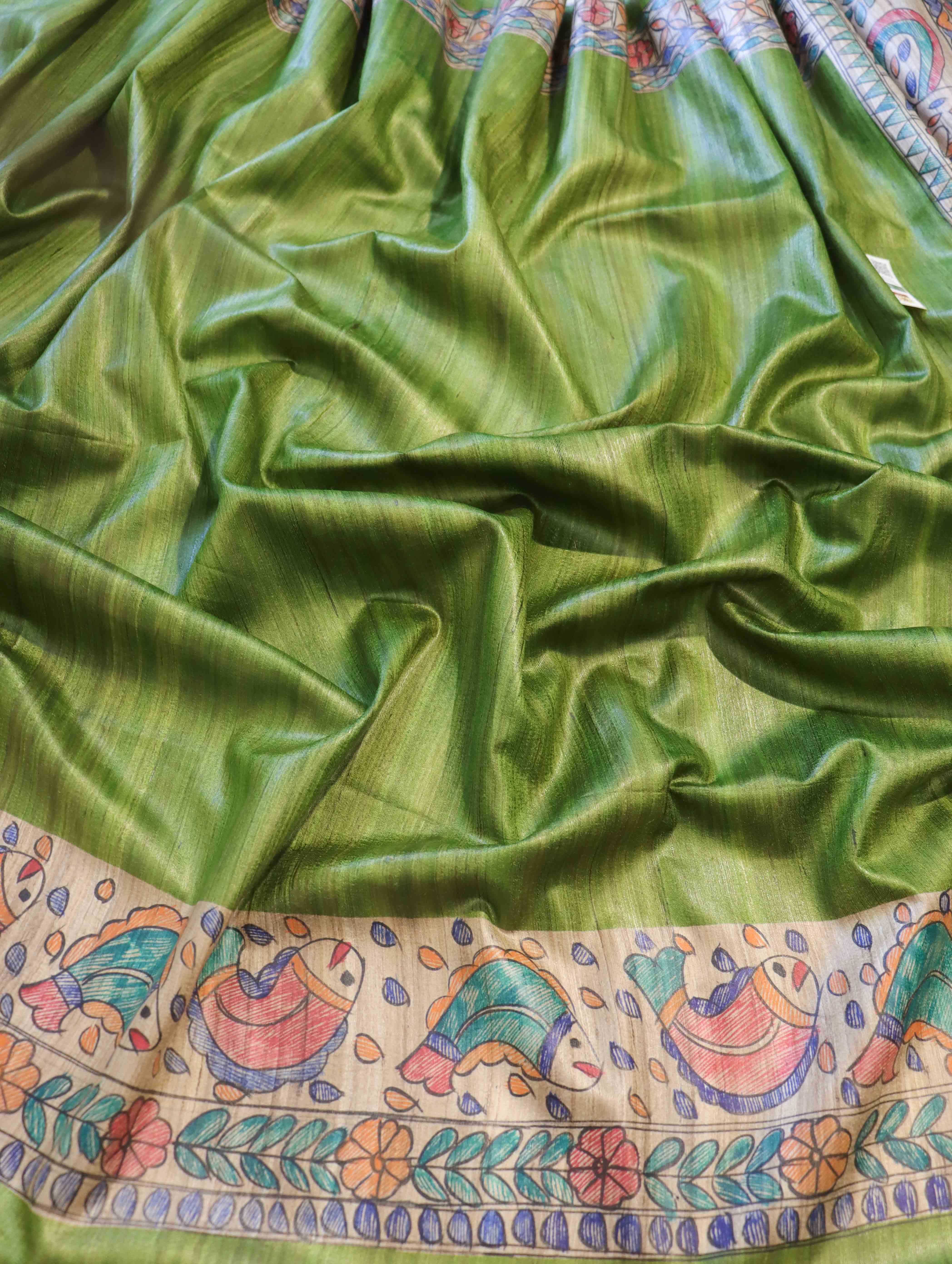 Bhagalpur Handloom Pure Tussar Silk Saree With Hand Block Painted Madhubani Design-Green