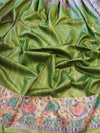 Bhagalpur Handloom Pure Tussar Silk Saree With Hand Block Painted Madhubani Design-Green