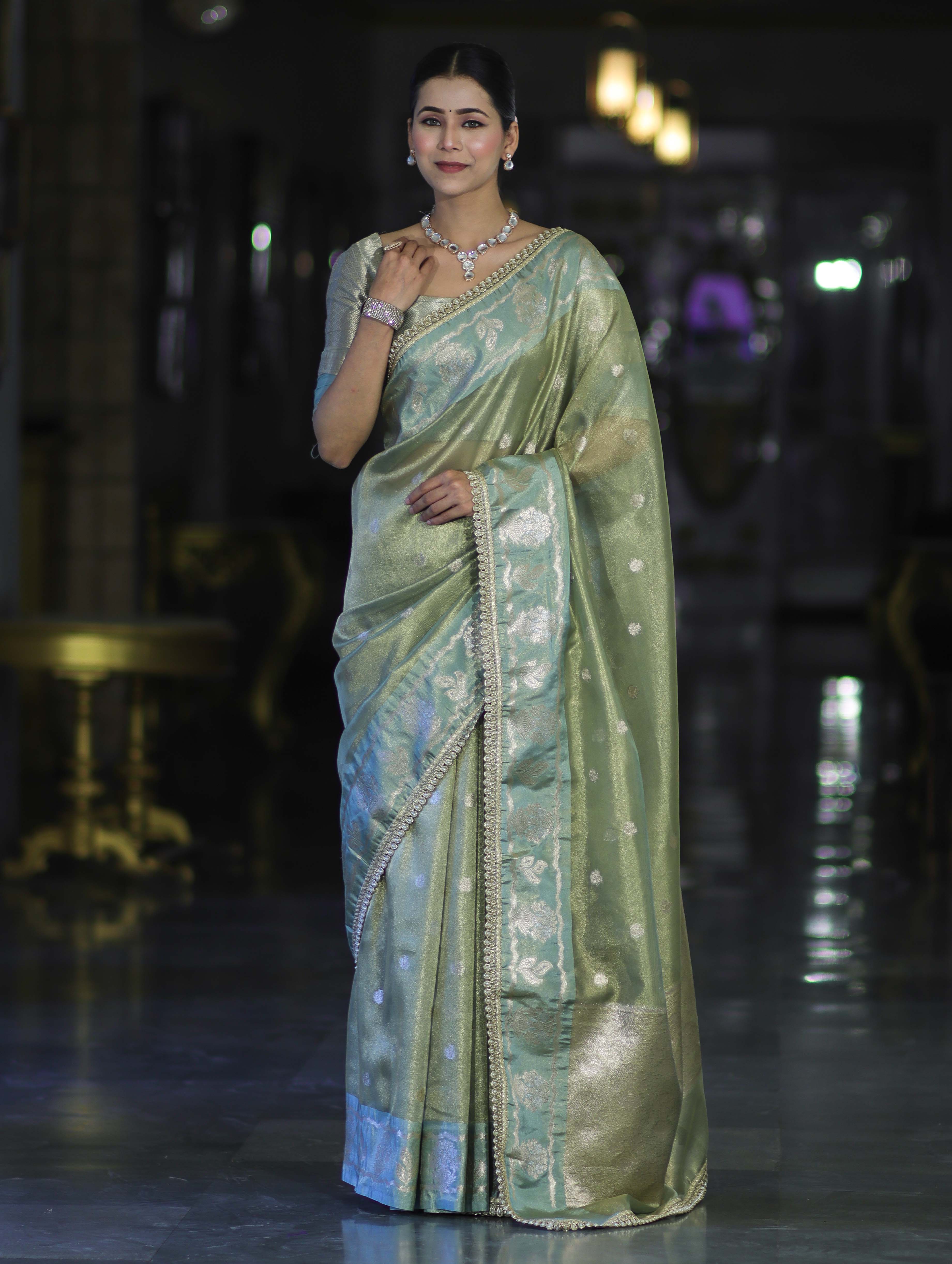 Banarasee Handloom Tissue Saree With Buti Design Contrast Border & Lace-Light Green