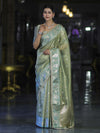 Banarasee Handloom Tissue Saree With Buti Design Contrast Border & Lace-Light Green