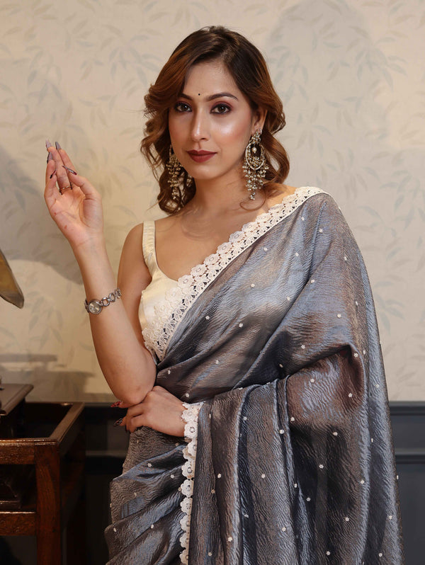 Banarasee Handwoven Crushed Tissue Saree With Buti Design & Lace-Grey