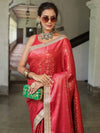 Banarasee Handwoven Semi Silk Saree With Zari Jaal Design Contrast Border & Lace-Maroon & Pink