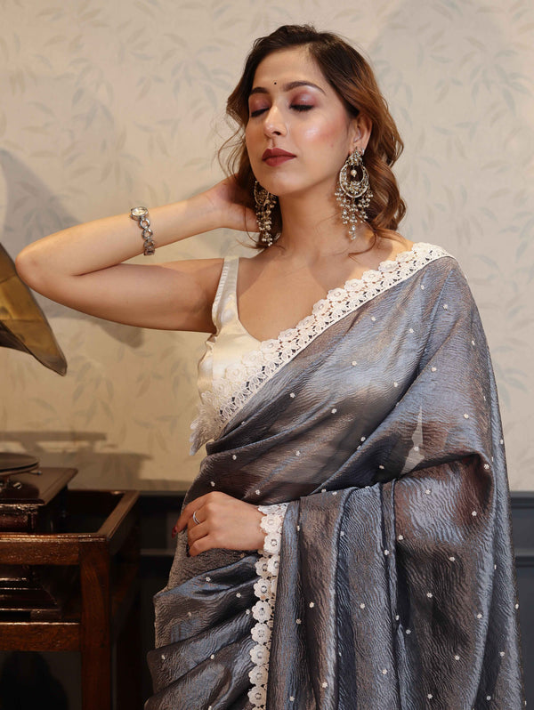 Banarasee Handwoven Crushed Tissue Saree With Buti Design & Lace-Grey