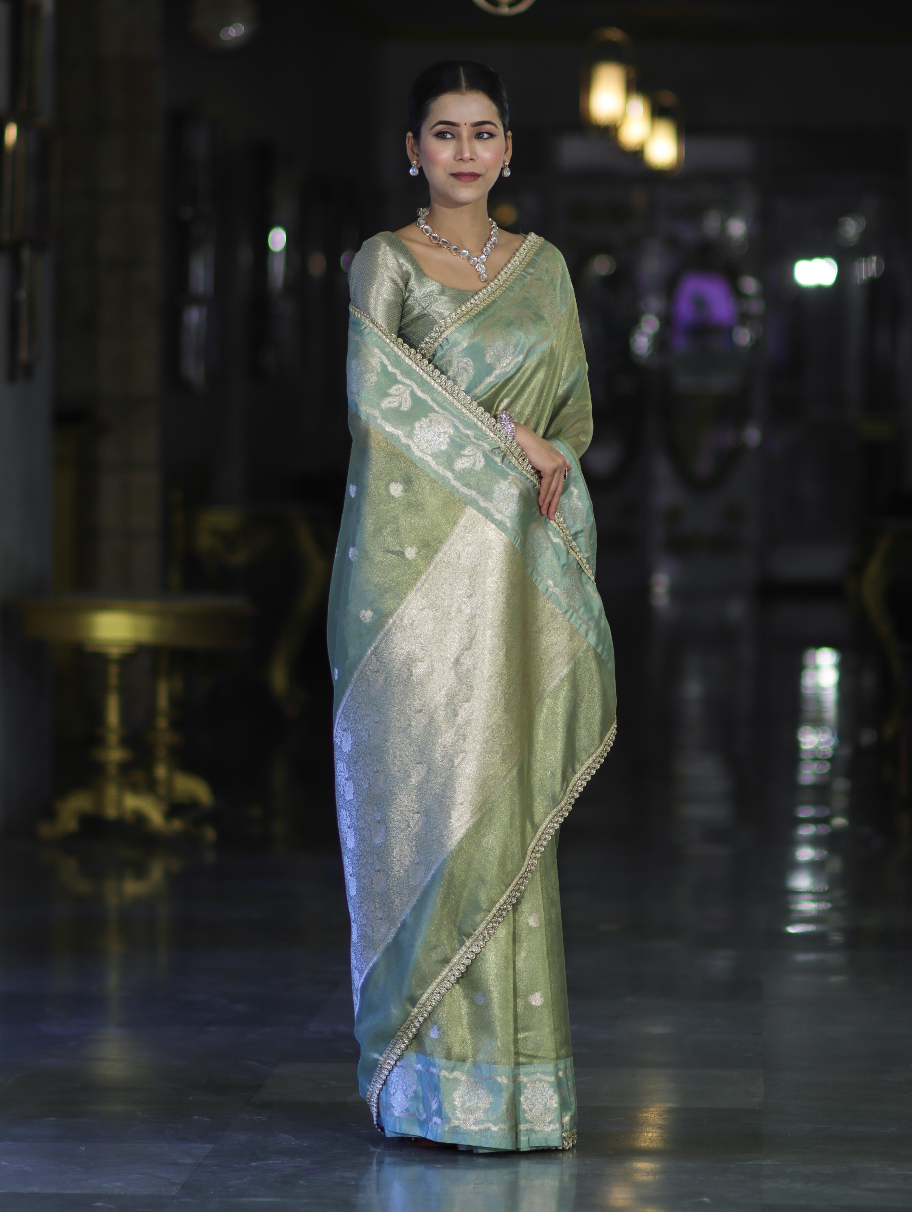 Banarasee Handloom Tissue Saree With Buti Design Contrast Border & Lace-Light Green