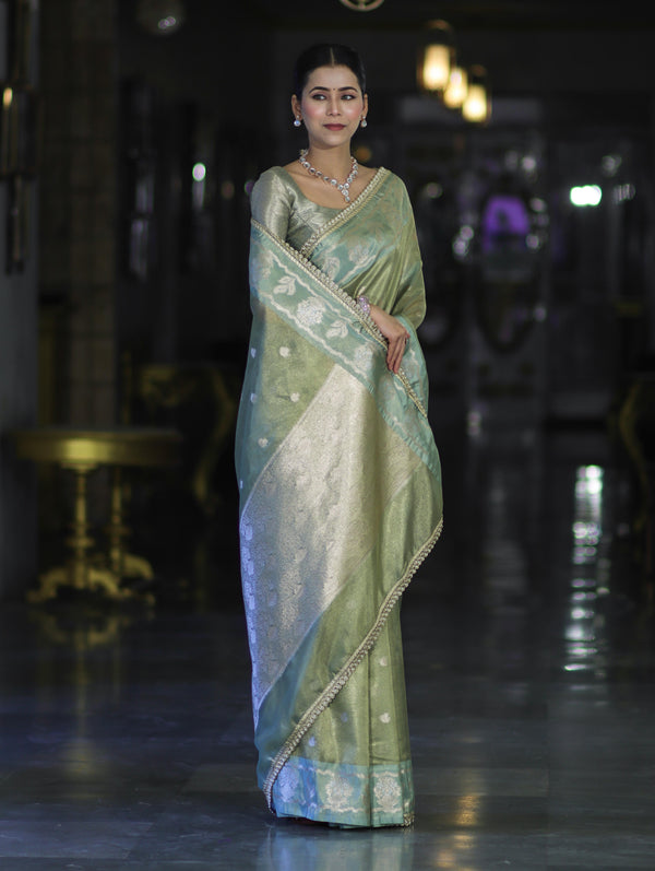 Banarasee Handloom Tissue Saree With Buti Design Contrast Border & Lace-Light Green