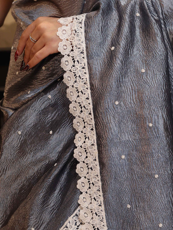 Banarasee Handwoven Crushed Tissue Saree With Buti Design & Lace-Grey