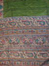 Bhagalpur Handloom Pure Tussar Silk Saree With Hand Block Painted Madhubani Design-Green