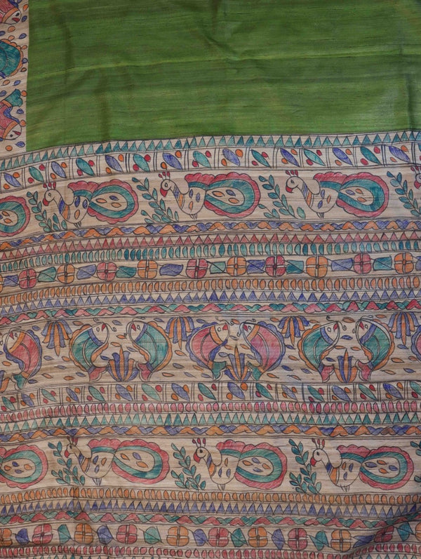 Bhagalpur Handloom Pure Tussar Silk Saree With Hand Block Painted Madhubani Design-Green