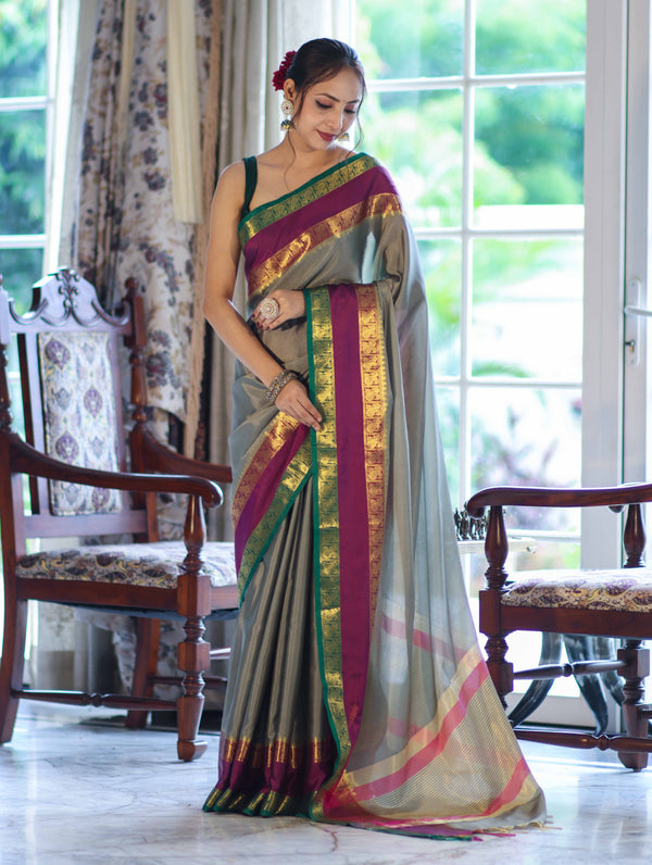 Banarasee Handloom Plain Semi Silk Saree With Contrast Temple Border-Grey