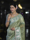 Banarasee Handloom Tissue Saree With Buti Design Contrast Border & Lace-Light Green