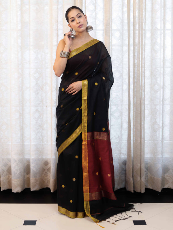 Banarasee Handloom Cotton Silk Saree With Buti Design & Contrast Pallu-Black & Maroon