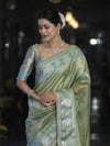 Banarasee Handloom Tissue Saree With Buti Design Contrast Border & Lace-Light Green