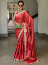 Banarasee Handwoven Semi Silk Saree With Zari Jaal Design Contrast Border & Lace-Maroon & Pink
