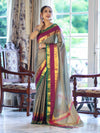 Banarasee Handloom Plain Semi Silk Saree With Contrast Temple Border-Grey