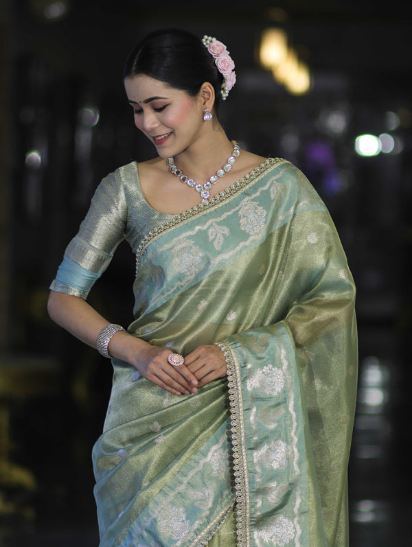 Banarasee Handloom Tissue Saree With Buti Design Contrast Border & Lace-Light Green