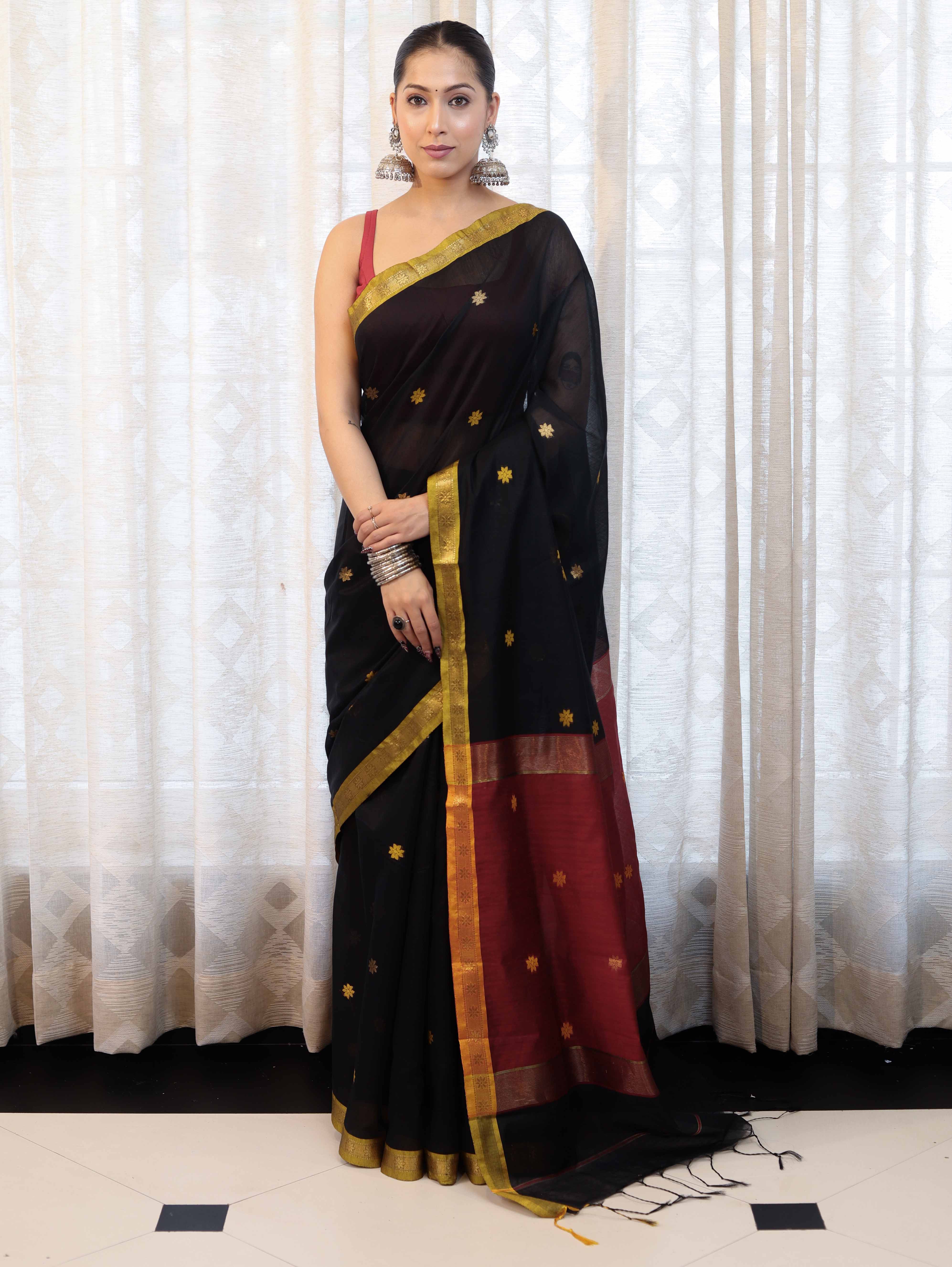 Banarasee Handloom Cotton Silk Saree With Buti Design & Contrast Pallu-Black & Maroon
