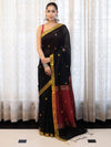 Banarasee Handloom Cotton Silk Saree With Buti Design & Contrast Pallu-Black & Maroon