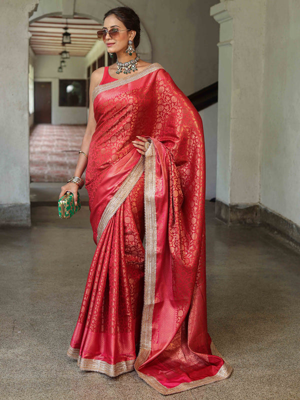 Banarasee Handwoven Semi Silk Saree With Zari Jaal Design Contrast Border & Lace-Maroon & Pink