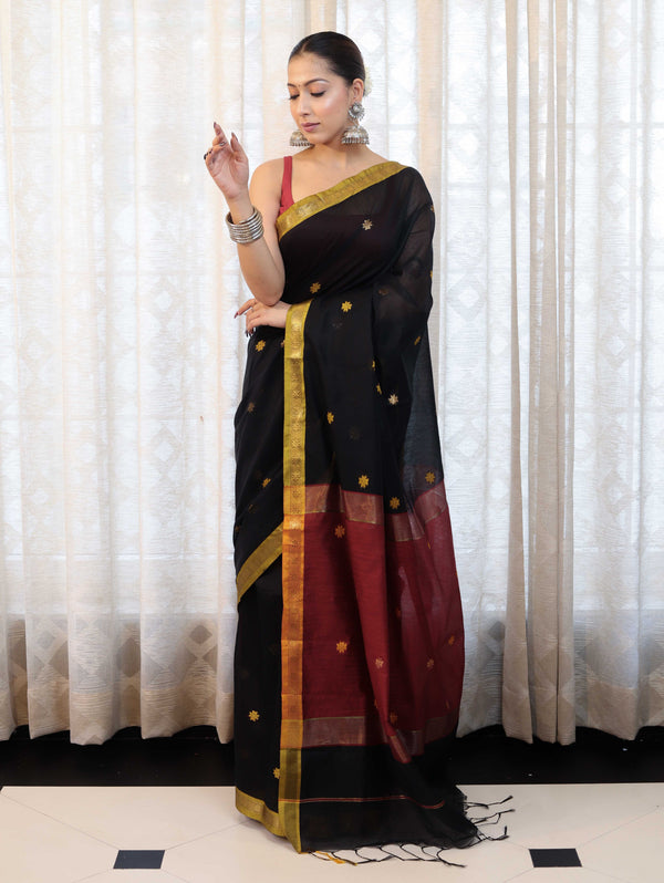 Banarasee Handloom Cotton Silk Saree With Buti Design & Contrast Pallu-Black & Maroon