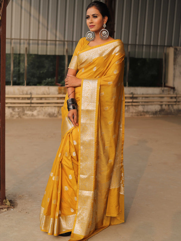 Banarasee Handwoven Semi-Chiffon Saree With Silver Zari Work-Yellow