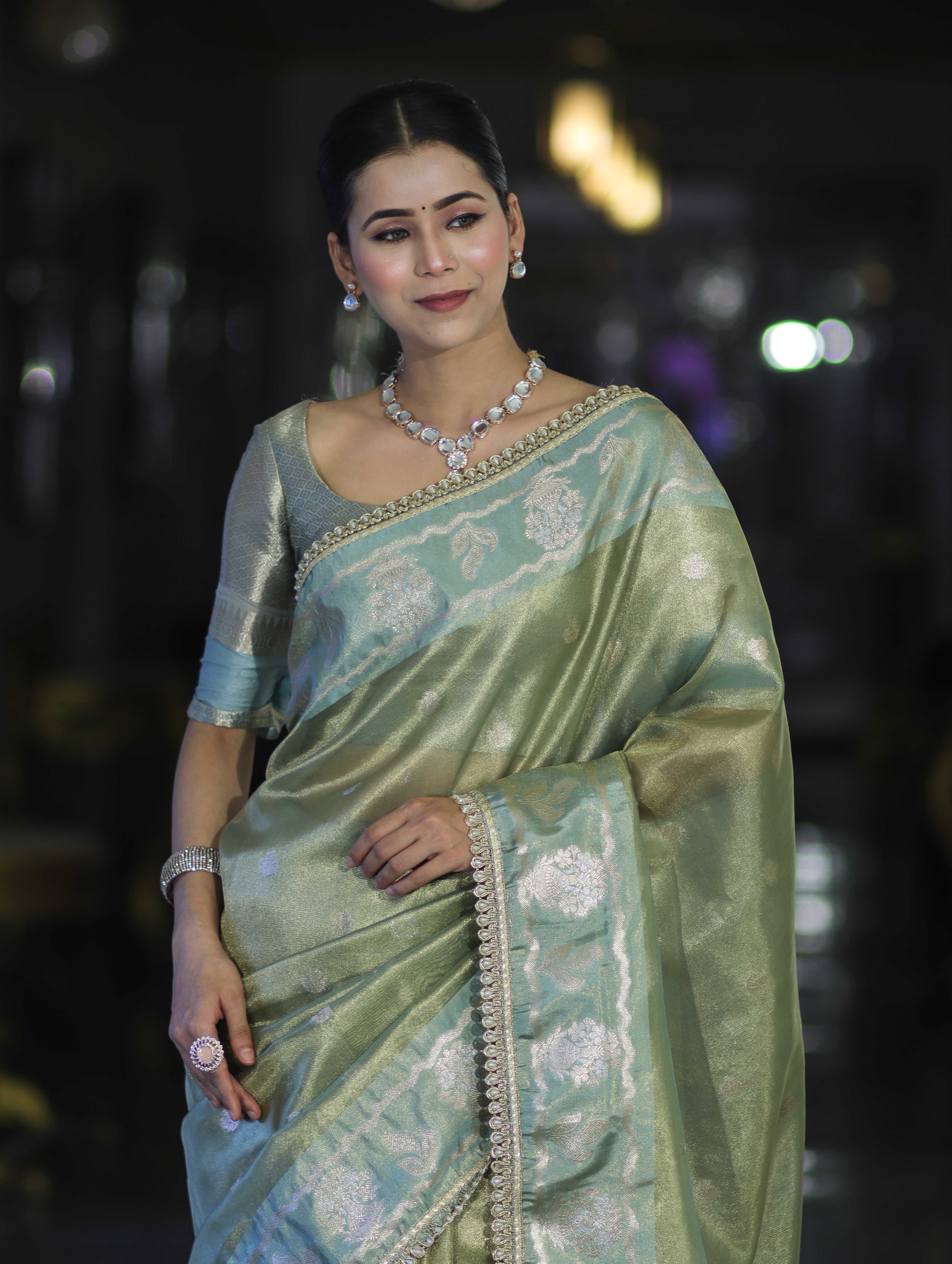 Banarasee Handloom Tissue Saree With Buti Design Contrast Border & Lace-Light Green