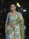 Banarasee Handloom Tissue Saree With Buti Design Contrast Border & Lace-Light Green