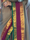 Banarasee Handloom Plain Semi Silk Saree With Contrast Temple Border-Grey