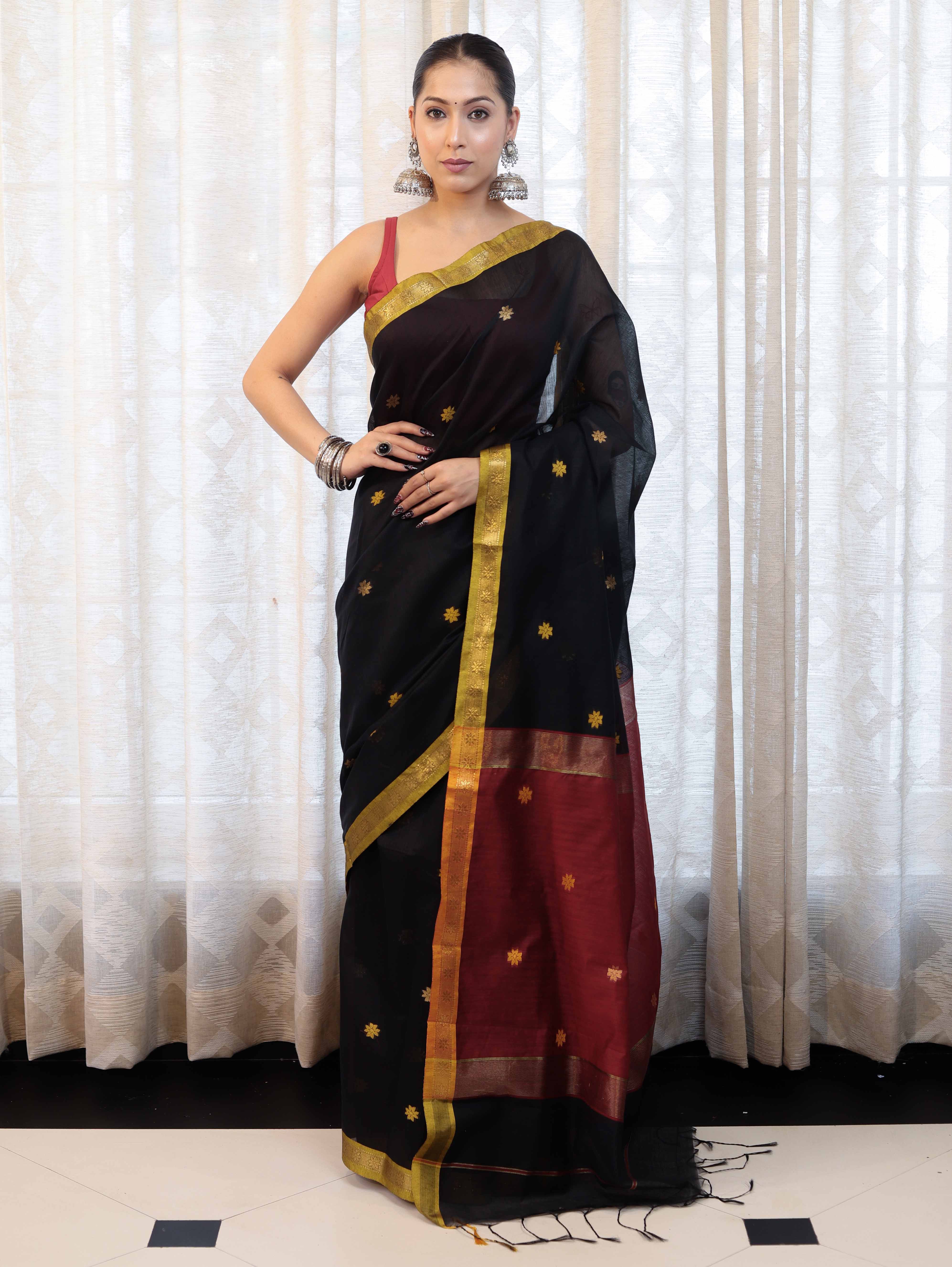 Banarasee Handloom Cotton Silk Saree With Buti Design & Contrast Pallu-Black & Maroon