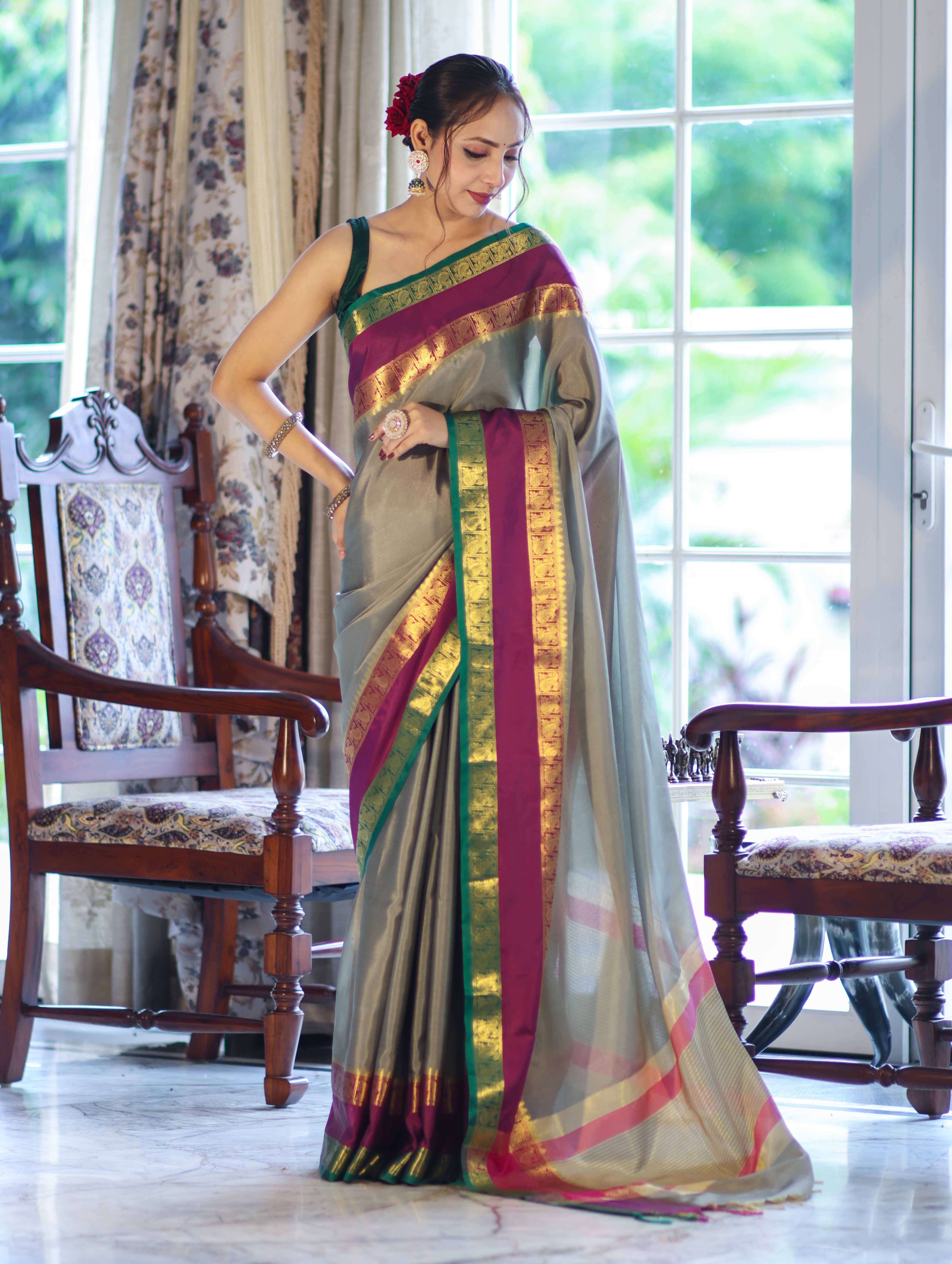 Banarasee Handloom Plain Semi Silk Saree With Contrast Temple Border-Grey