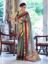 Banarasee Handloom Plain Semi Silk Saree With Contrast Temple Border-Grey