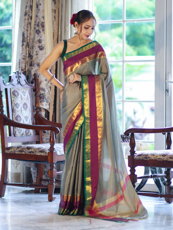 Banarasee Handloom Plain Semi Silk Saree With Contrast Temple Border-Grey