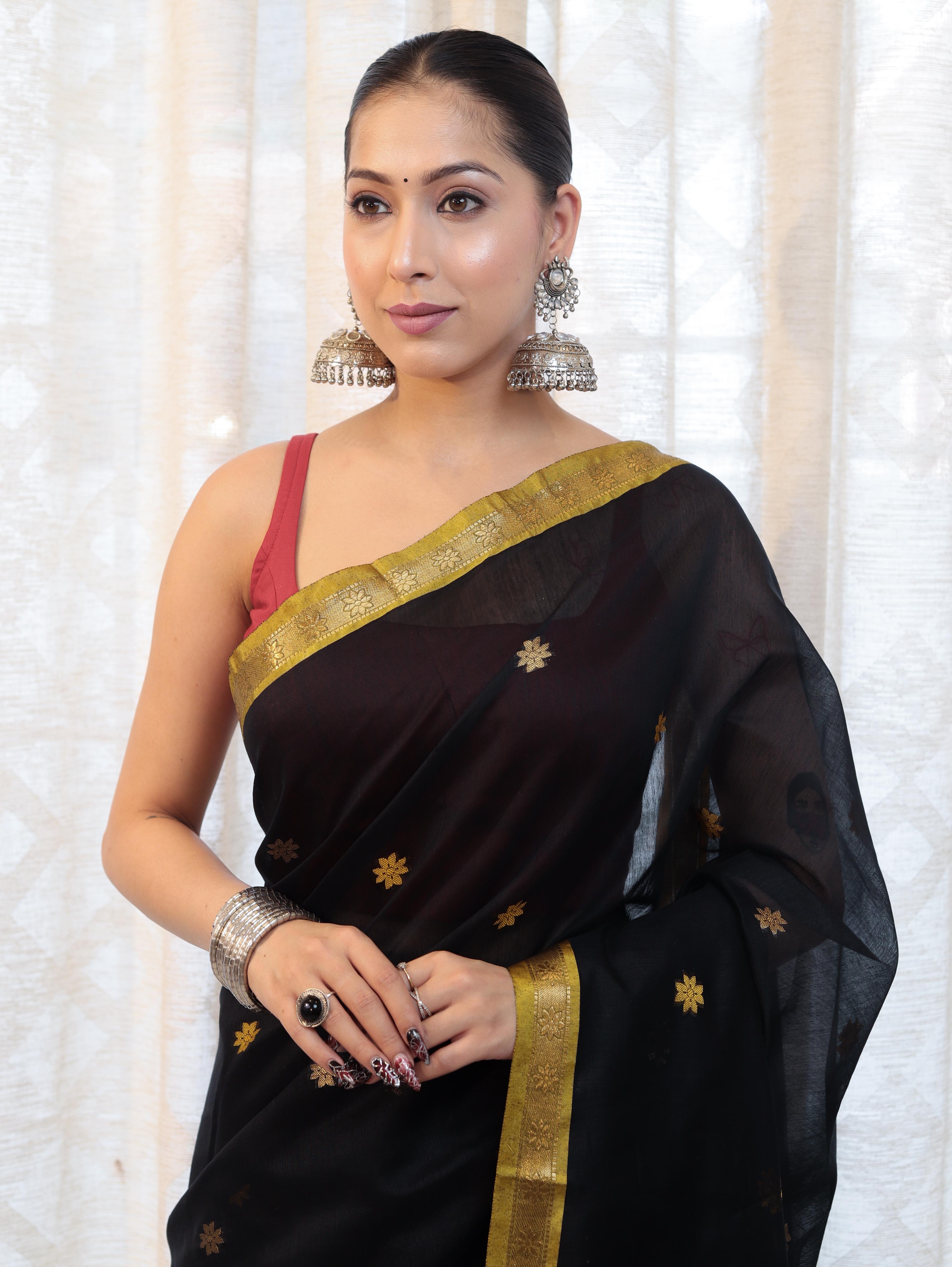 Banarasee Handloom Cotton Silk Saree With Buti Design & Contrast Pallu-Black & Maroon
