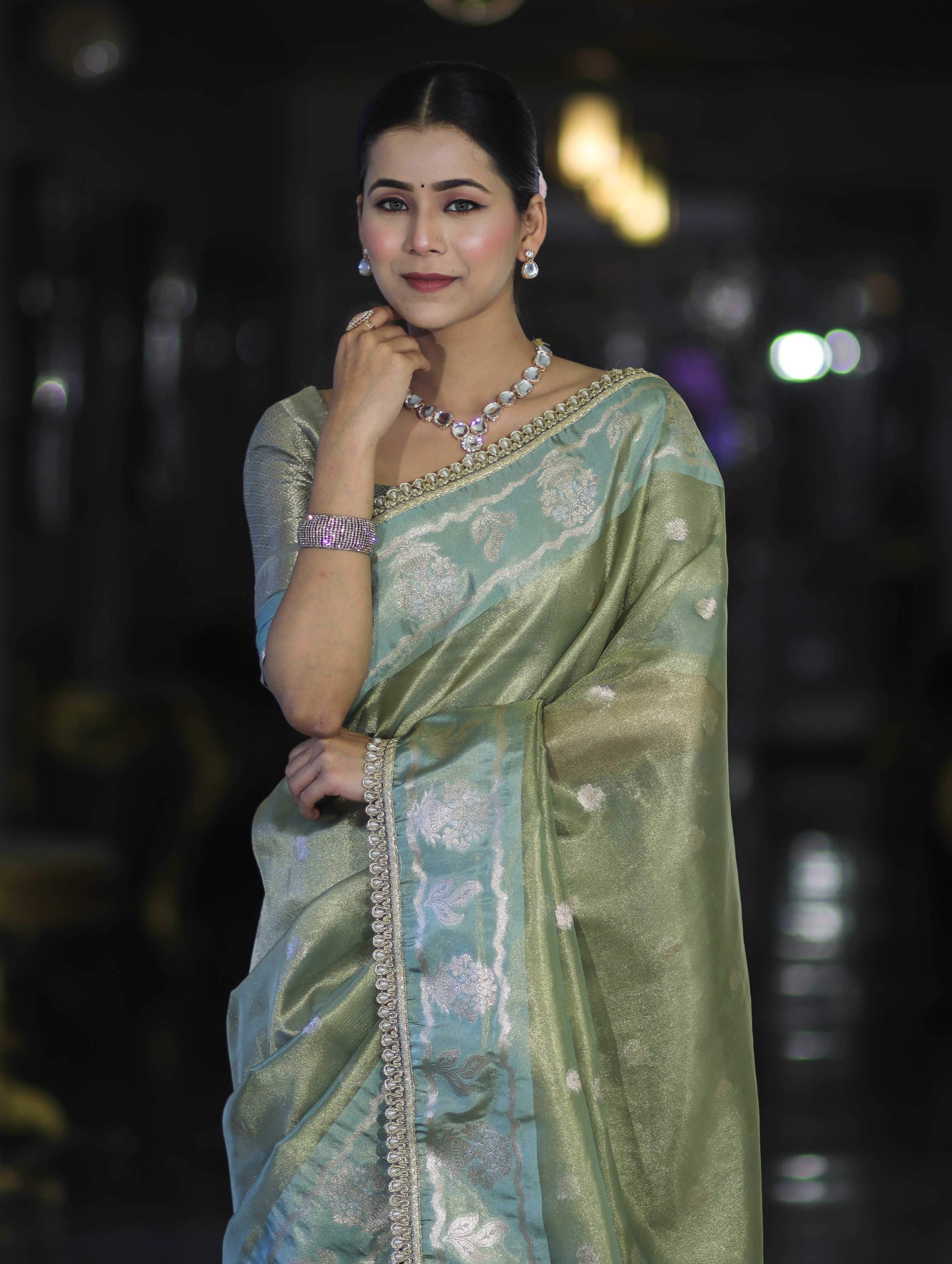 Banarasee Handloom Tissue Saree With Buti Design Contrast Border & Lace-Light Green