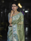 Banarasee Handloom Tissue Saree With Buti Design Contrast Border & Lace-Light Green