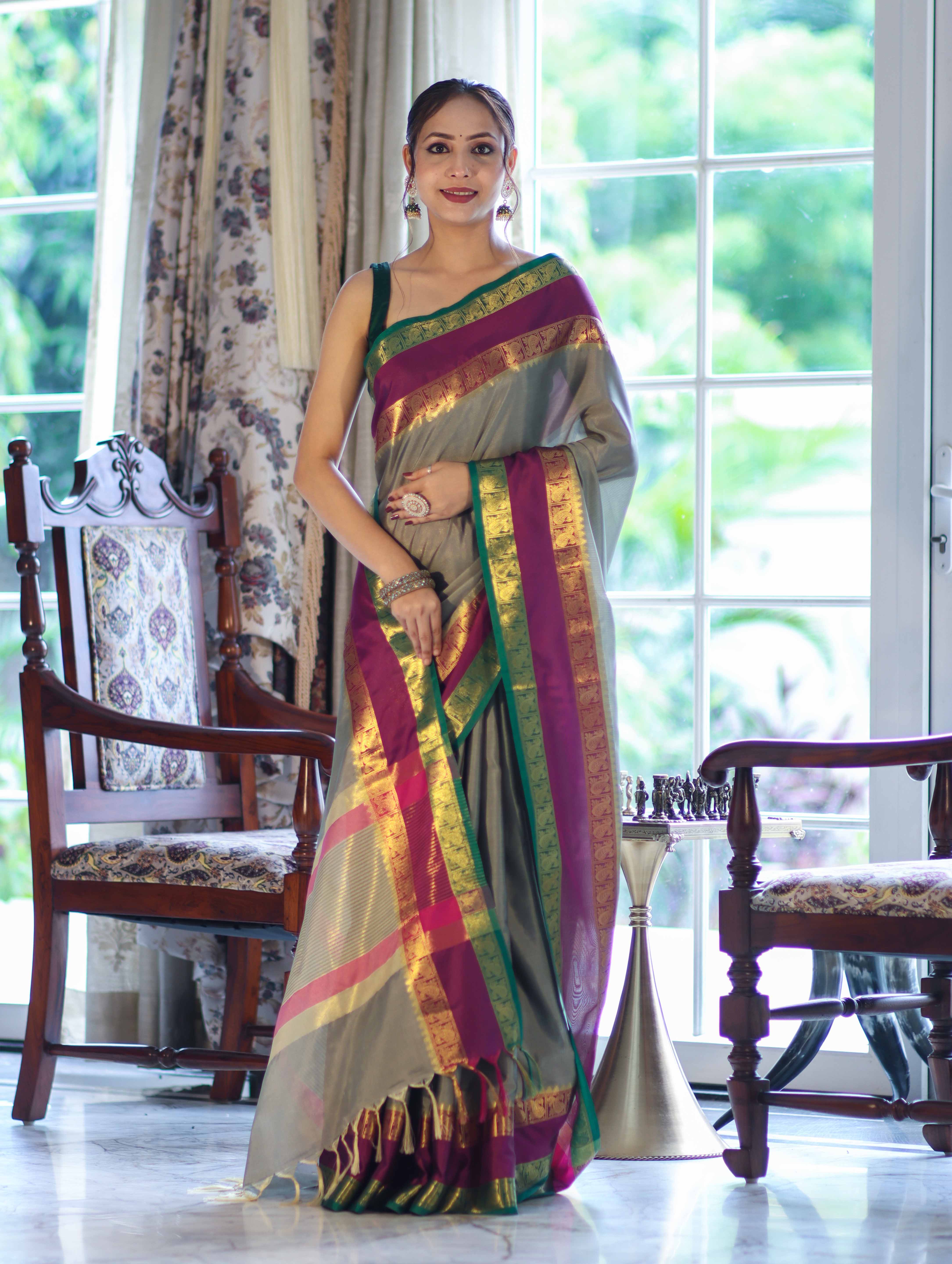 Banarasee Handloom Plain Semi Silk Saree With Contrast Temple Border-Grey