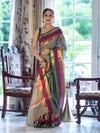 Banarasee Handloom Plain Semi Silk Saree With Contrast Temple Border-Grey