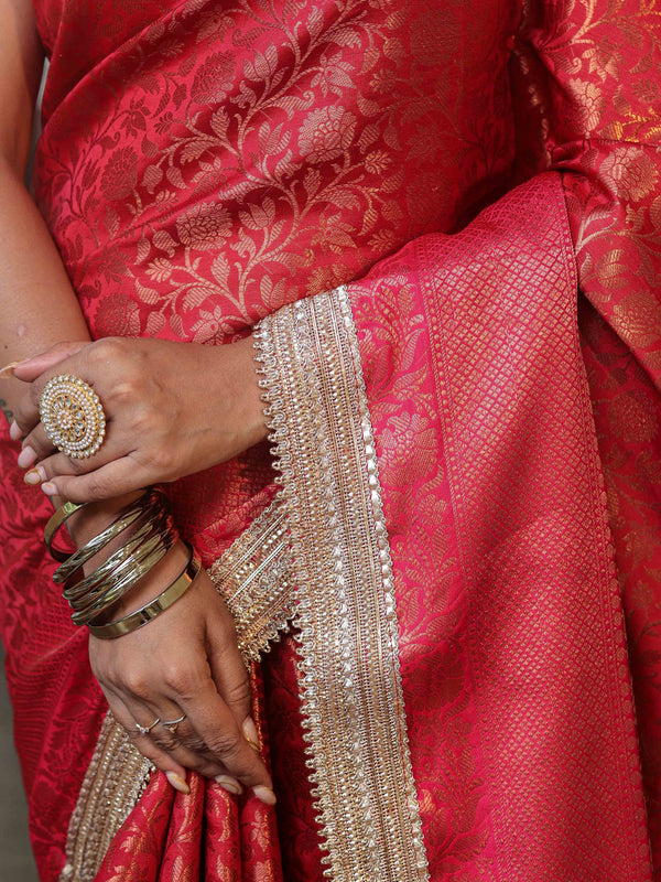 Banarasee Handwoven Semi Silk Saree With Zari Jaal Design Contrast Border & Lace-Maroon & Pink