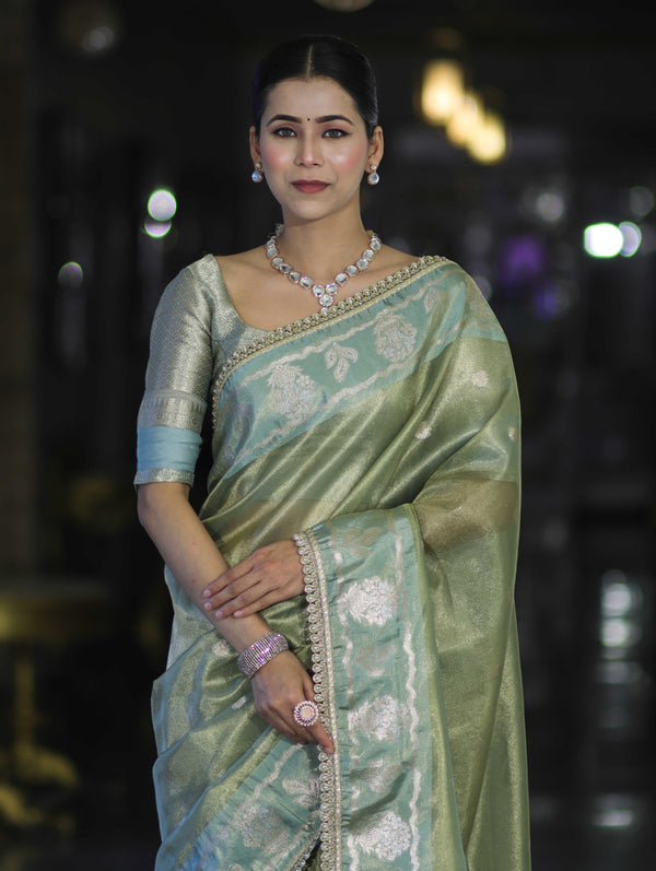 Banarasee Handloom Tissue Saree With Buti Design Contrast Border & Lace-Light Green