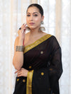 Banarasee Handloom Cotton Silk Saree With Buti Design & Contrast Pallu-Black & Maroon