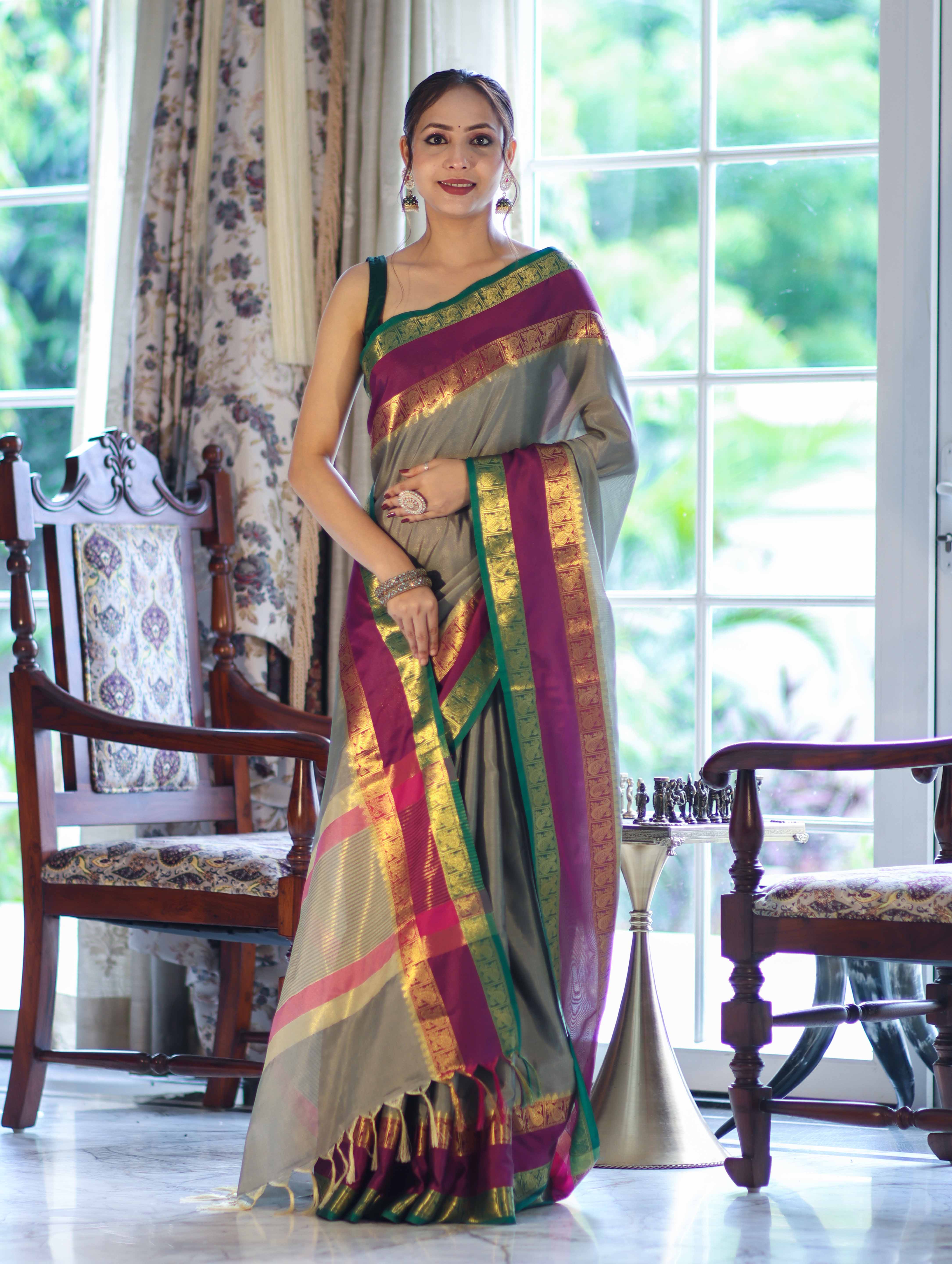 Banarasee Handloom Plain Semi Silk Saree With Contrast Temple Border-Grey