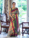 Banarasee Handloom Plain Semi Silk Saree With Contrast Temple Border-Grey