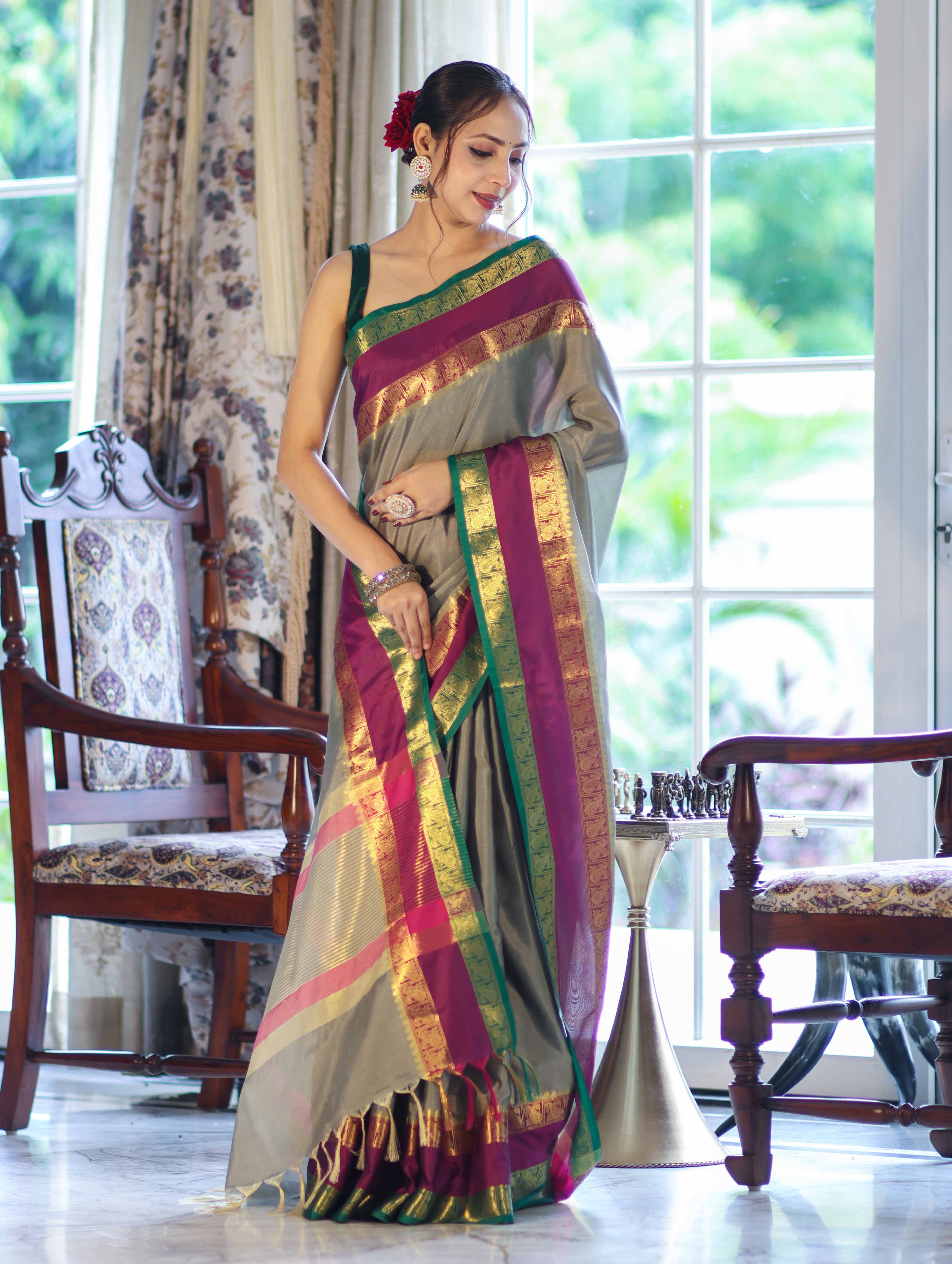 Banarasee Handloom Plain Semi Silk Saree With Contrast Temple Border-Grey