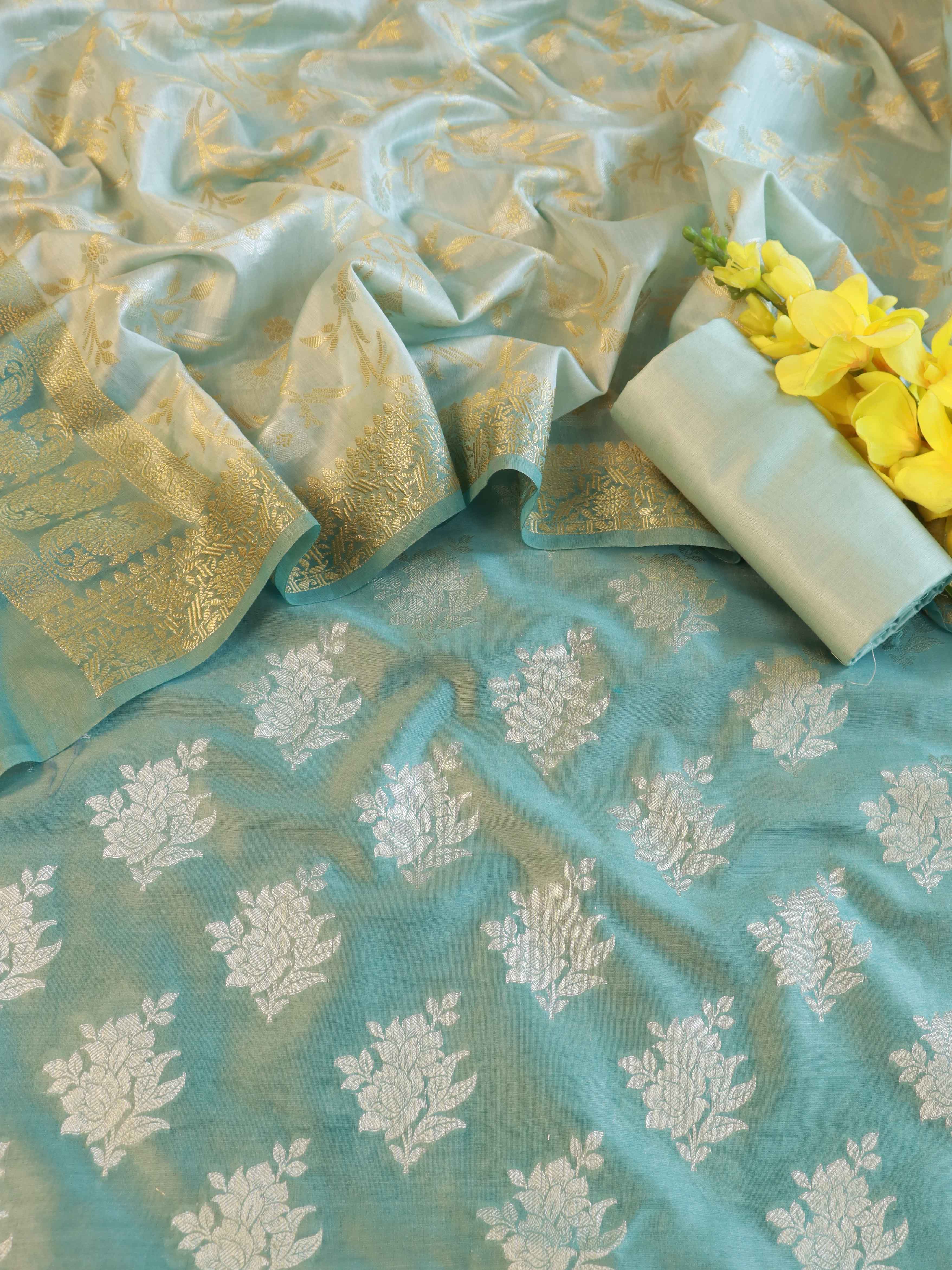 Banarasee Chanderi Cotton Shaded Salwar Kameez Fabric With Dupatta-Pastel Green