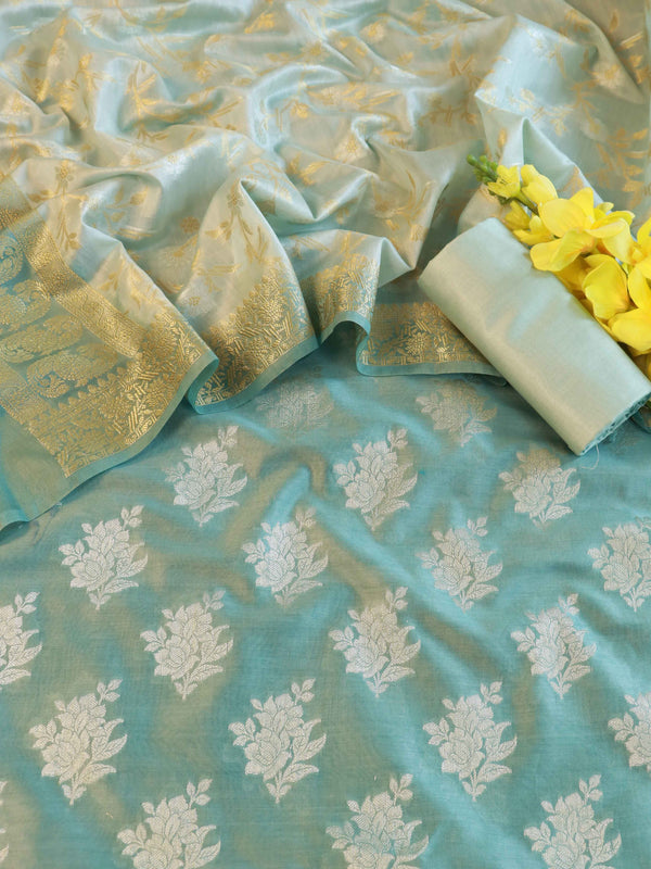 Banarasee Chanderi Cotton Shaded Salwar Kameez Fabric With Dupatta-Pastel Green