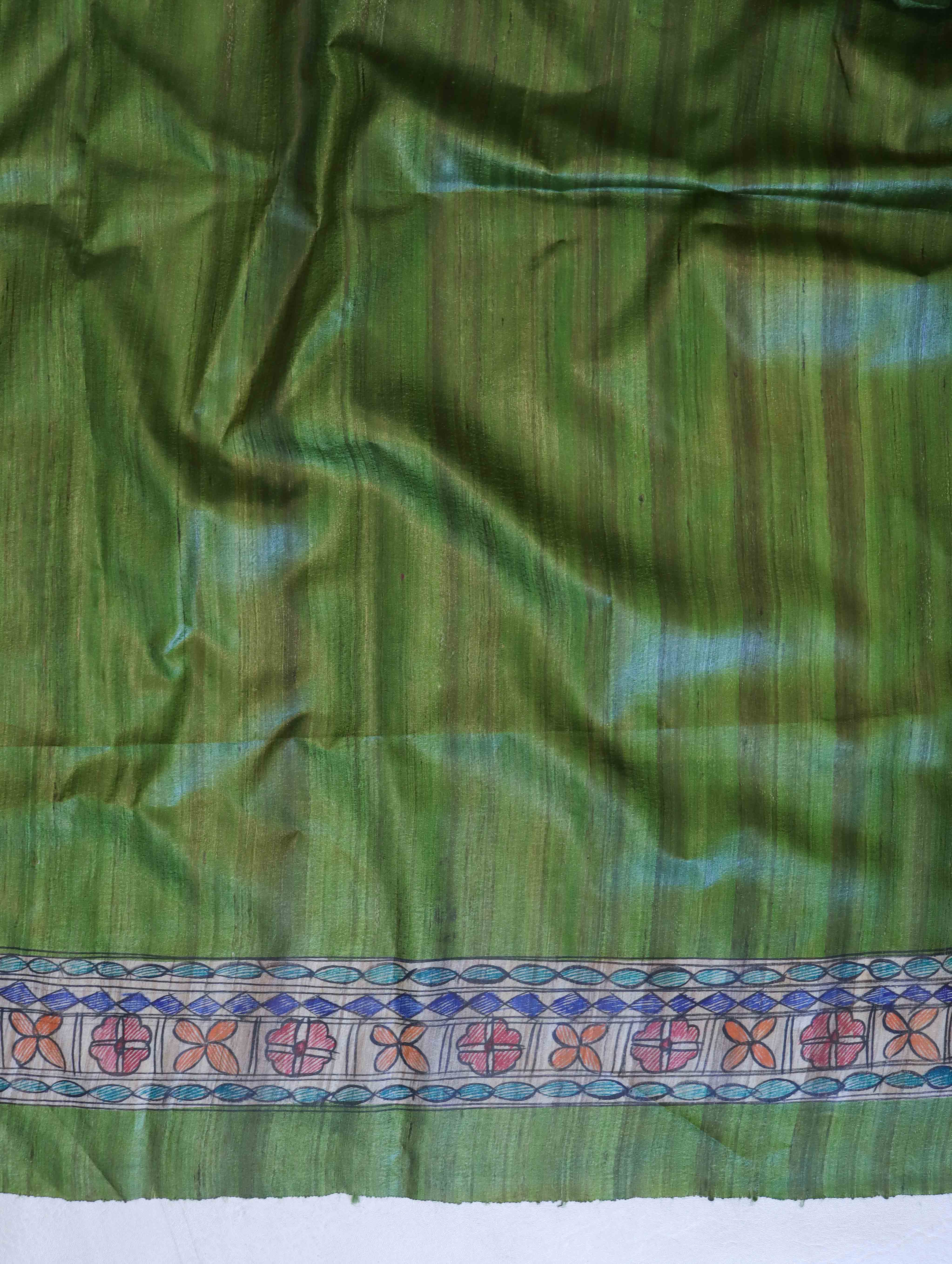 Bhagalpur Handloom Pure Tussar Silk Saree With Hand Block Painted Madhubani Design-Green